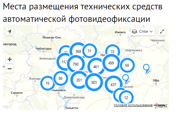 Места размещения технических средств автоматической фото- и видеофиксации нарушений Правил дорожного движения в Татарстане 